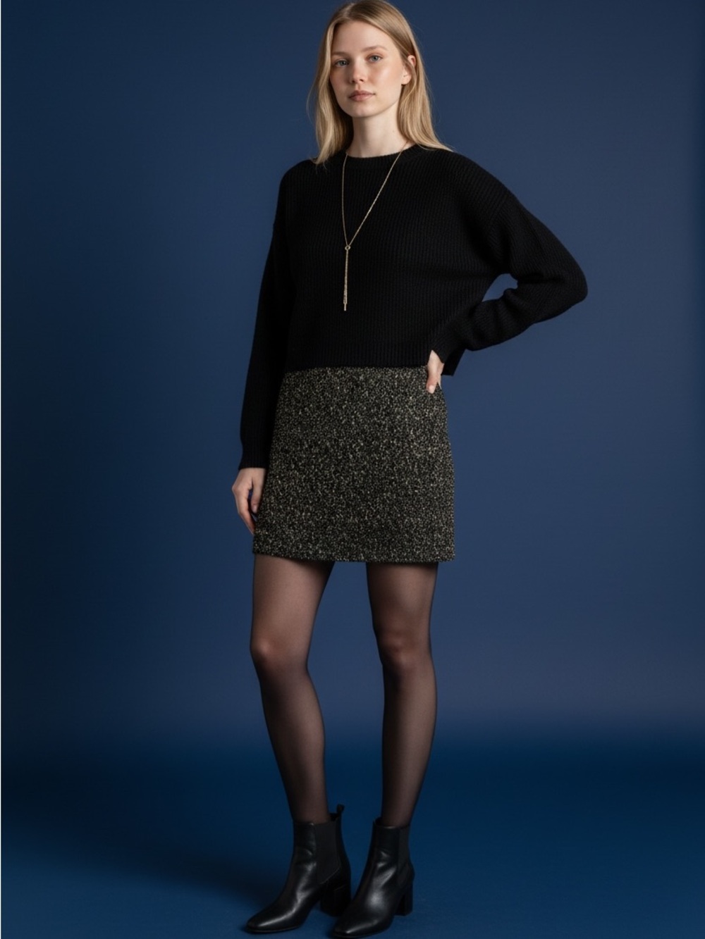 Textured Black and Gold Tweed Mini Skirt